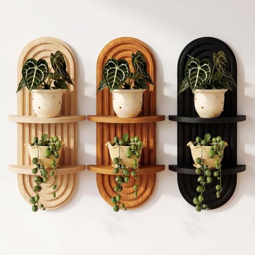 Pinkunn 3 Pcs Boho Floating Shelves for Wall, Wood Plant Shelf Set
