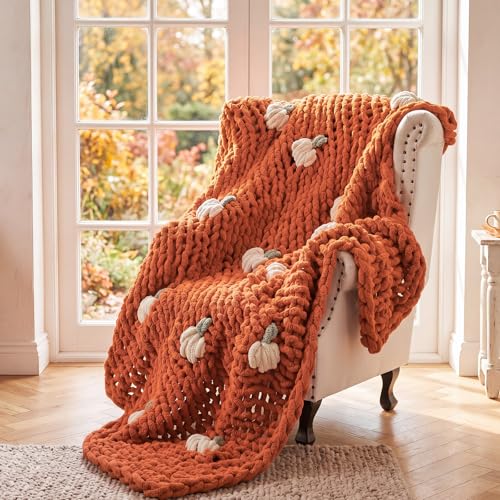 Mindsoft Fall Pumpkin Chunky Knit Throw Blanket 50" x 60",Burnt Orange - color: Burnt Orange, style: Pumpkin