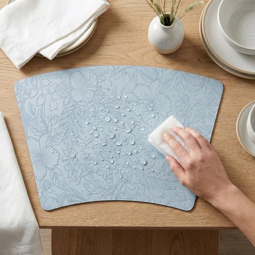 Faux Leather Set of 6, Placemats with Carving Floral Design - color: Light Blue