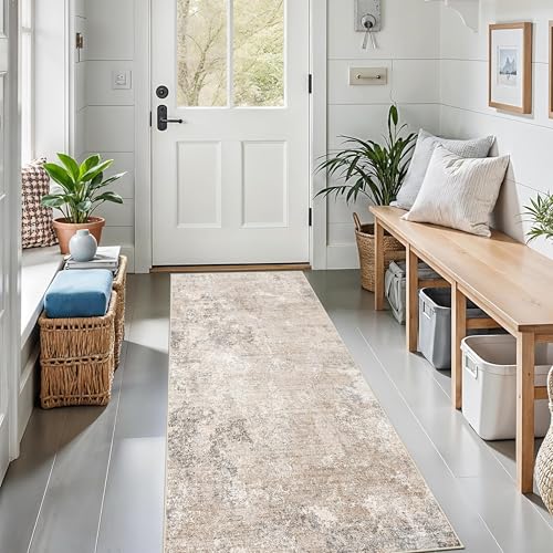 2x6ft Non-Slip Washable Kitchen Rug - Modern Carpet Runner for Hallway,Bedroom Bedside,Laundry Room,Entryway with Rubber Backing – Abstract Neutral Low-Pile Thin (Beige Grey,2x6) - color: Beige Grey, size: 2' x 6' (Rectangular)