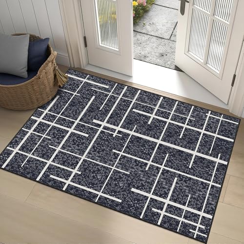 3x5 Washable Rug, Modern Distressed Stripe, Small Area Rug Non Slip, Woven Thin No Shed Office Chair Friendly Runners for Entryway, Kitchen, Home Office, Studio - Midnight Black - color: Striped-black/White, size: 3' x 5' (Rectangular)