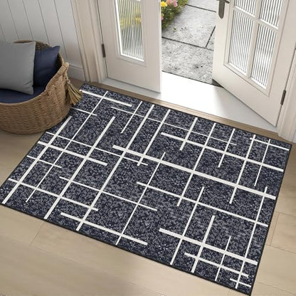 3x5 Washable Rug, Modern Distressed Stripe, Small Area Rug Non Slip, Woven Thin No Shed Office Chair Friendly Runners for Entryway, Kitchen, Home Office, Studio - Midnight Black - color: Striped-black/White, size: 3' x 5' (Rectangular)