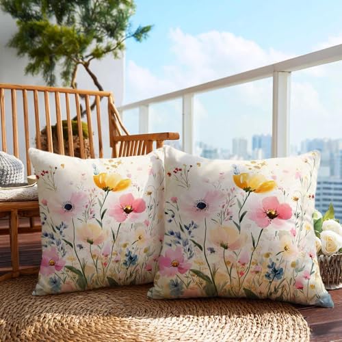 Firmiso Cream Floral Throw Pillow Covers 18x18 Set of 2, Watercolor Botanical Decorative Cushion Covers, Cottage Garden Pillow Cases for Couch Sofa Living Room Decor - color: Soft Wildflower
