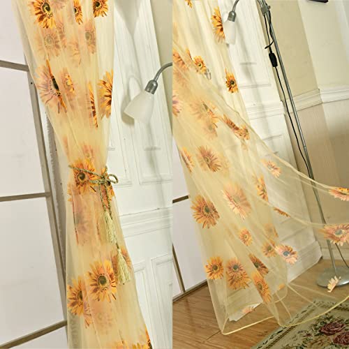 Ufurty 2pcs Sunflower Window Curtain Yellow Floral Voile Sheer Curtains - color: Yellow, size: 39.4"W x 78.7"L (Pack of 2)