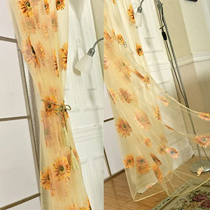Ufurty 2pcs Sunflower Window Curtain Yellow Floral Voile Sheer Curtains - color: Yellow, size: 39.4"W x 78.7"L (Pack of 2)