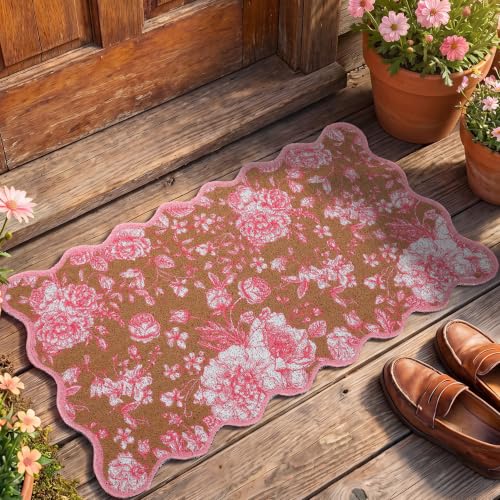 Dunzy Pink Doormat Cute Floral Outdoor Scalloped Welcome Faux Coir Mat - style: Pink Floral