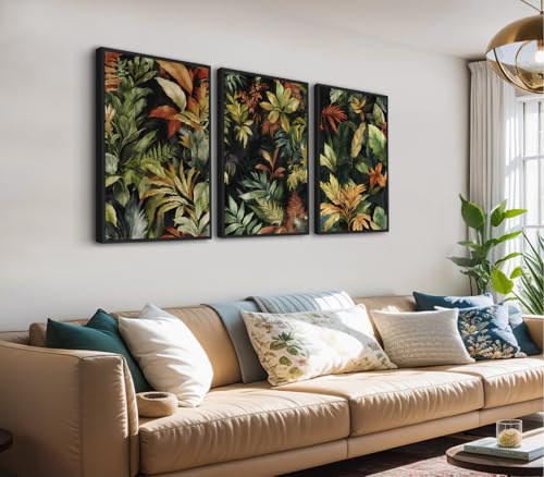 Large Framed Tropical Botanical Wall Art, Jungle Leaf Green, 16"x24"x3 - color: green, size: 16" X 24" X 3pcs Framed