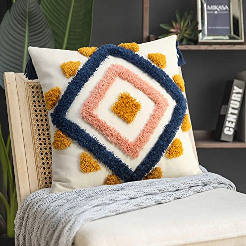 Merrycolor Boho Pillow Covers 20x20 Modern Geometric Diamond Boho Pillows Decorative Throw Pillow Cases Blue Pink Soft Woven Tufted Pillow Cushion for Couch Sofa Bedroom Living Room - color: Blue and Pink, size: 20" x 20" (Pack of 1)