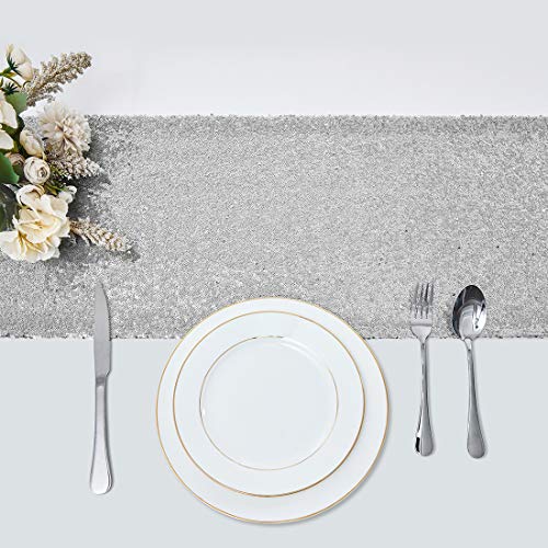 Pufogu 12 x 72 inches Silver Sequin Table Runner, 2 Packs - color: Silver