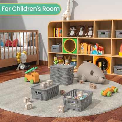 Ohmlove 8 Pack Plastic Storage Baskets with Lids for Organization - color: Gray