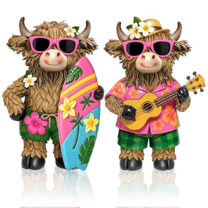 2 Pcs Highland Cow Figurines, Summer Beach Hawaii Decor - style: Hawaii