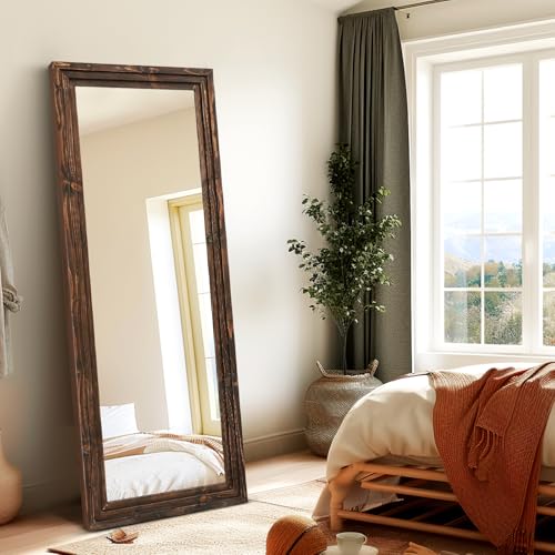 58x22in Full Length Mirror, 3-Tier Stepped Solid Wood Frame, Brown - color: Brown, size: 58"L x 22"W