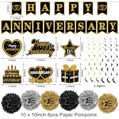 Turypaty Happy Wedding Anniversary Decorations Kit Supplies Black Gold