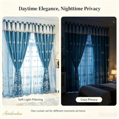 Amidoudou 1 Pair European Double Layer Curtains for Living Room Bedroom Luxury Flower Embroidered Curtains with Valance (Blue,52x102 Inch) - color: Blue, size: 52"W x 102"L (Pack of 2)