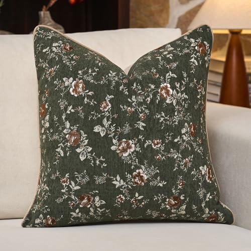 Spring Flower Throw Pillow Cover 24x24 Inches Green Vintage Floral Pillow Cover Farmhouse Summer Cushion Cover Leaf Retro Chenille Pillowcase Home Decor for Sofa Living Room Couch - color: Sage Green, size: 24" x 24" (Pack of 1)