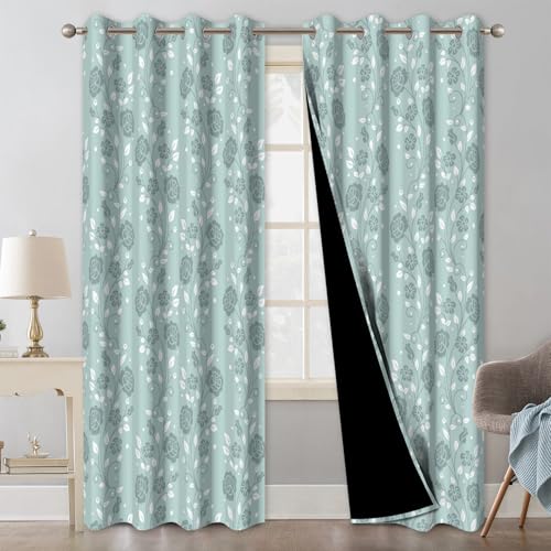 Mint Green Floral Blackout Curtains for Bedroom and Living Room, Farmhouse Summer Thermal Insulated Curtains 84 Inch Length 2 Panels Set, Room Darkening Black Out Bedroom Curtains with Two Tiebacks - color: Floral Pattern3