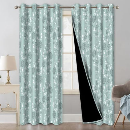 Mint Green Floral Blackout Curtains for Bedroom and Living Room, Farmhouse Summer Thermal Insulated Curtains 84 Inch Length 2 Panels Set, Room Darkening Black Out Bedroom Curtains with Two Tiebacks - color: Floral Pattern3