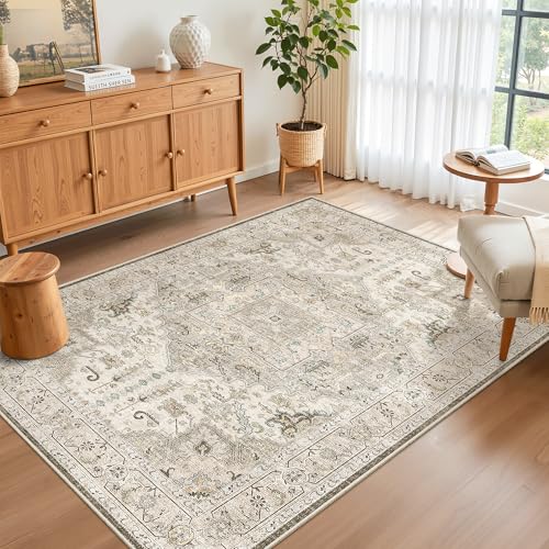 Madane Area Rug 4x6 Washable Rugs Vintage for Living Room, Ivory/Brown - color: Ivory/Brown, size: 4' x 6' (Rectangular)