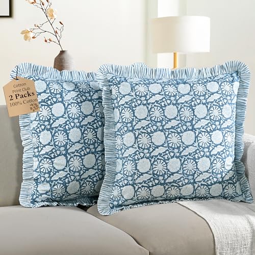 CPC Blue Meadow Block Print Ruffle Pillow Cover 18x18 Inch, Pack of 2 - color: Blue Meadow, size: 18" x 18" (Pack of 2)