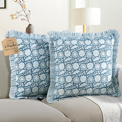 CPC Blue Meadow Block Print Ruffle Pillow Cover 18x18 Inch, Pack of 2 - color: Blue Meadow, size: 18" x 18" (Pack of 2)