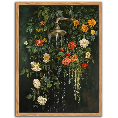 Floating Framed Floral Shower Wall Art, Vintage Botanical Flower Canvas Print, Romantic Garden Roses and Waterfall Painting, Nature Inspired Bathroom Wall Decor for Home Living Room 8x10 inch - color: Green, size: 10"L x 8"W