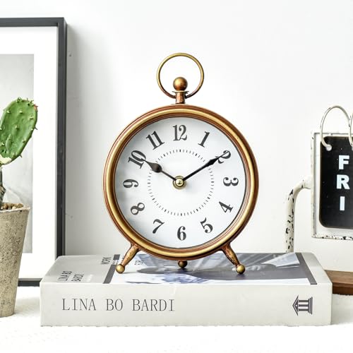 Small Gold Table and Shelf Desk Clock,Vintage Small Table Clock on Stand, Decorative Desk and Shelf Clock Farmhouse Mantel Non-Ticking Clock Rustic Metal Frame with Antique Gold Finish - color: Gold, size: 8.7"H