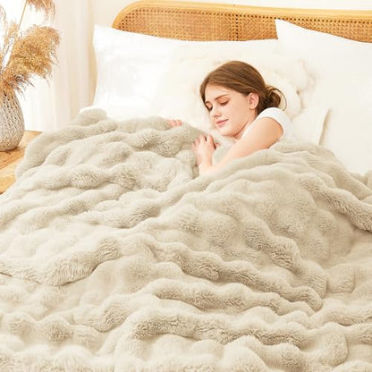 L'AGRATY Faux Rabbit Fur Throw Blanket for Couch, 90'' x 90'' Almond White - color: Almond White, size: 90" x 90"