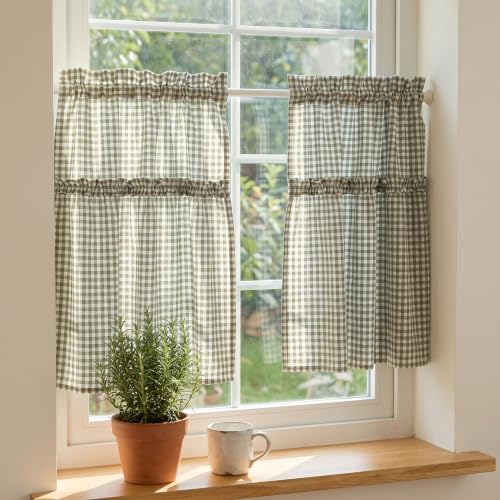 Silnuo Green/White Plaid Gingham Window Valance 26" W x 36" L-2 Panels - color: Green, size: 26"W x 36"L (Pack of 2)