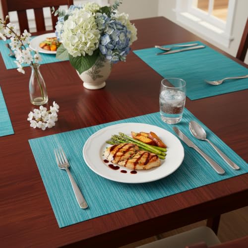 SHACOS Teal Blue Placemats Set of 4 Woven Vinyl Place Mats Easy Clean Dry - color: Teal Blue, size: Set of 4