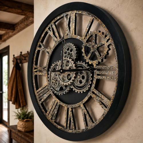 The B-Style Large Wall Clock, 24 inch, Black and Bronze | oving Gear//Oversized Vintage Farmhouse/Living Room Decor/Rustic Industrial/Wood Clock/Housing Warming Gifts - color: Black and Bronze, size: 24 inch (60 cm)