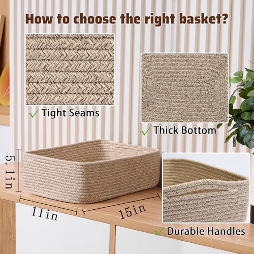 MiniArk Large Shallow Organizing Baskets 15x11x5.1 Inches - Rope Woven Storage Bins for Bathroom, Shelves, Cube Closet, Mixed Brown 2 Packs - color: Natural, size: 2pcs-L15×W11×H5.1"