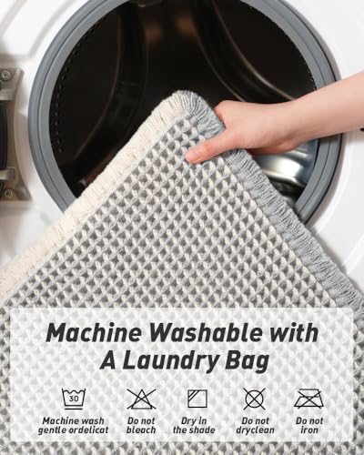 Upgraded Waffle Bath Mat Runner Absorbent Non Slip Bathroom Mat, 2' x 4' - color: Light Grey & Cream, size: 2' x 4'
