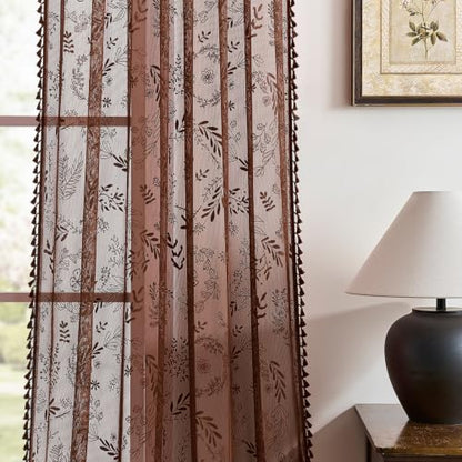 Kotile Brown Sheer Curtains 63 Inch Length, Floral Lace Window Panels - color: Brown, size: 52"W x 63"L (Pack of 2)