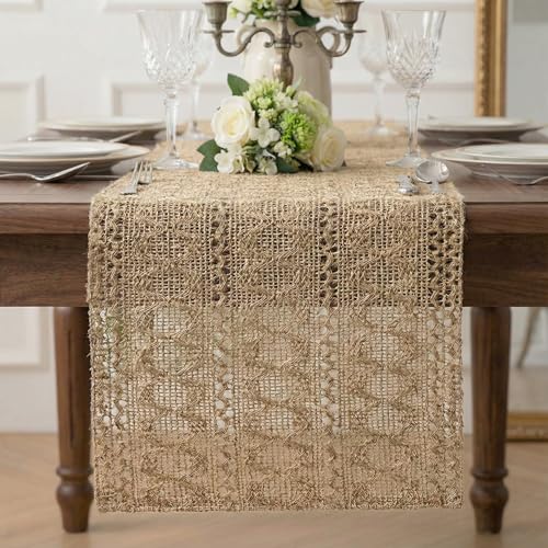 Burlap Boho Table Runner Macrame Brown 90in Farmhouse Woven Runner - color: Brown, size: 12'' x 90''