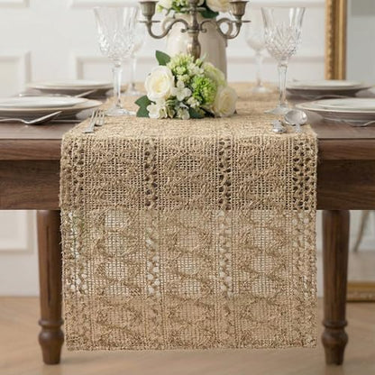 Burlap Boho Table Runner Macrame Brown 90in Farmhouse Woven Runner - color: Brown, size: 12'' x 90''