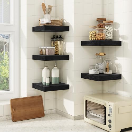 Floating Shelves for Wall, Wall Mounted Wood Shelves, Black, Set of 3, 6.5” - color: Black, size: 6.5"W x 6.5"D , 3 Pack