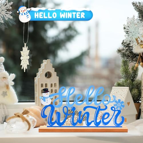 Metal Hello Winter Table Sign Winter Tiered Tray Decor with Wooden Base Freestanding Rustic Table Decor for Home Tabletop Centerpiece Mantel Shelf Fireplace Decoration (Blue) - color: Blue