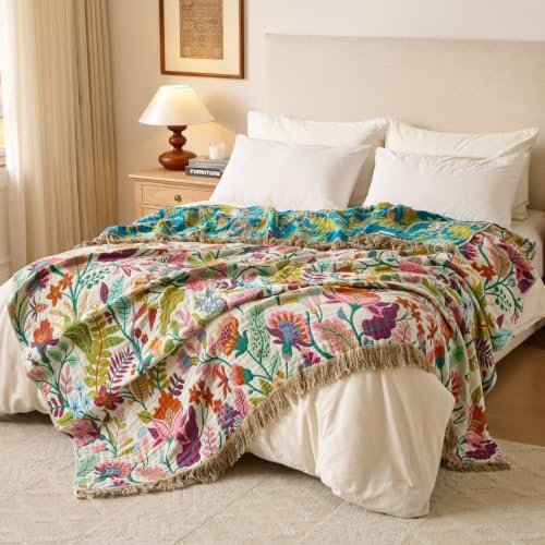 Boho Throw Blanket, 100% Soft Cotton Floral Quilt, King 90"x 98" - color: Lavender Purple Flowers, size: King 90"x98"