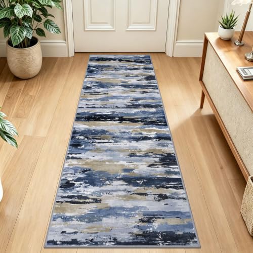 Abstract Washable 2x7 Runner Rug Non Slip Runners for Hallway - color: Navy / Blue / Taupe, size: 2' x 7' (Runner)