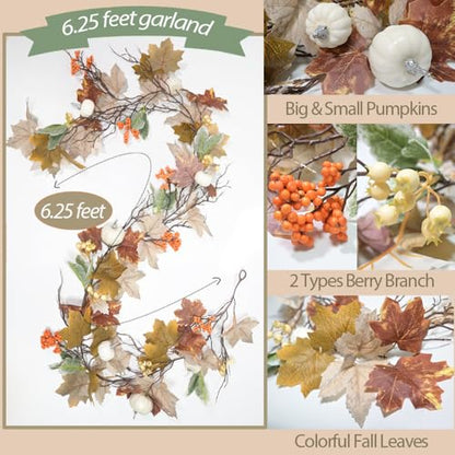 6.2FT Fall Maple Pumpkin Berry Garland with Lights and Timer - Mixed Gray - color: Mixed Gray