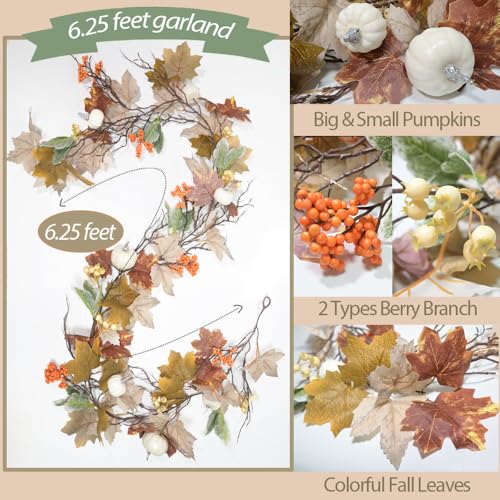 6.2FT Fall Maple Pumpkin Berry Garland with Lights and Timer - Mixed Gray - color: Mixed Gray