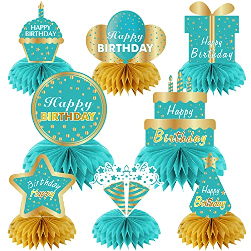 8Pcs Teal and Gold Birthday Decorations Honeycomb Centerpieces