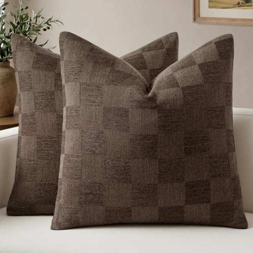 a moment Set of 2 Decorative Linen Throw Pillow Covers,Large Grid Textured Neutral Boho Farmhouse Cushion Covers,Soft Aesthetic Pillowcases for Couch Sofa Living Room Home Decor,18x18 Inch,Dark Brown - color: Dark Brown, size: 18" x 18" (Pack of 2)
