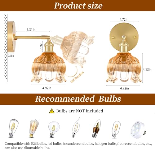 Battery Operated Wall Sconces Set of 2, Amber Tulip Glass Wall Lights | Rechargeable flower wall lamps with remote control, 15 colors, 10-level dimming and timer for bedroom and living room - color: Amber