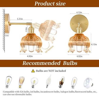 Battery Operated Wall Sconces Set of 2, Amber Tulip Glass Wall Lights | Rechargeable flower wall lamps with remote control, 15 colors, 10-level dimming and timer for bedroom and living room - color: Amber