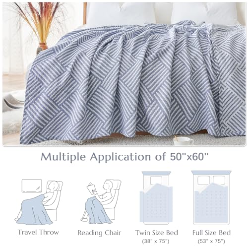 jinchan 100% Cotton Muslin Blanket Twin Boho Throw Blanket 50x60 Dusty Blue - color: B. Square Blue, size: 50"x60"