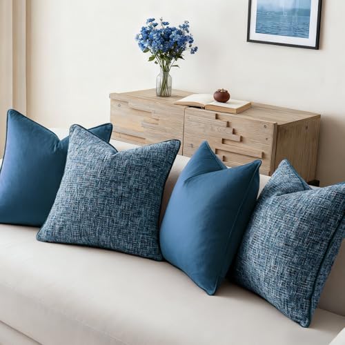 a moment Blue 4 Pack Throw Pillow Covers - Chenille & Velvet Set with Piping, Farmhouse Textured Design Pillow Cases for Couch Sofa Bed Livingroom (16x16 Inch, No Insert) - color: Blue, size: 16" x 16" (Pack of 4)