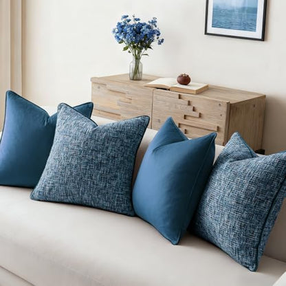 a moment Blue 4 Pack Throw Pillow Covers - Chenille & Velvet Set with Piping, Farmhouse Textured Design Pillow Cases for Couch Sofa Bed Livingroom (22x22 Inch, No Insert) - color: Blue, size: 22" x 22" (Pack of 4)