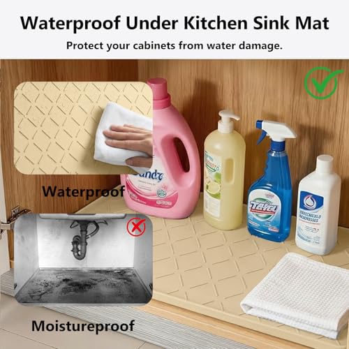 Mateeylife Under Sink Mat Kitchen Waterproof, Silicone Sink Tray 28"X19" - color: Khaki, size: 19''W x 28''L