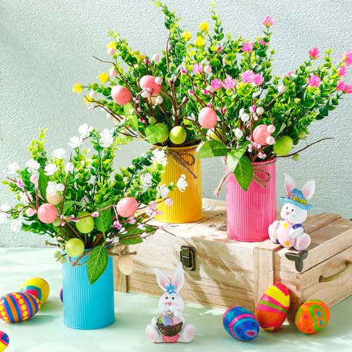 Riceshoot 3 Set Easter Table Centerpiece Artificial Egg Picks with Metal Pots Easter Sprays with Eggs Berries Eucalyptus Flowers Plants for Spring Home Decor(Blue, Pink, Yellow) - color: Blue, Pink, Yellow